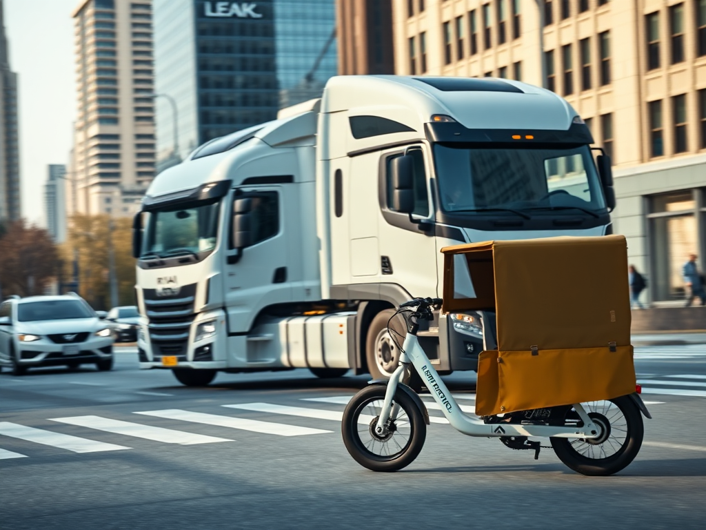 یک کامیون برقی Rivian در حال رانندگی در شهر، با یک وسیله نقلیه میکروموبیلیتی کوچک‌تر و چابک‌تر مانند دوچرخه برقی در پیش‌زمینه، که نشان‌دهنده Rivian E-bike Micromobility Strategy است.