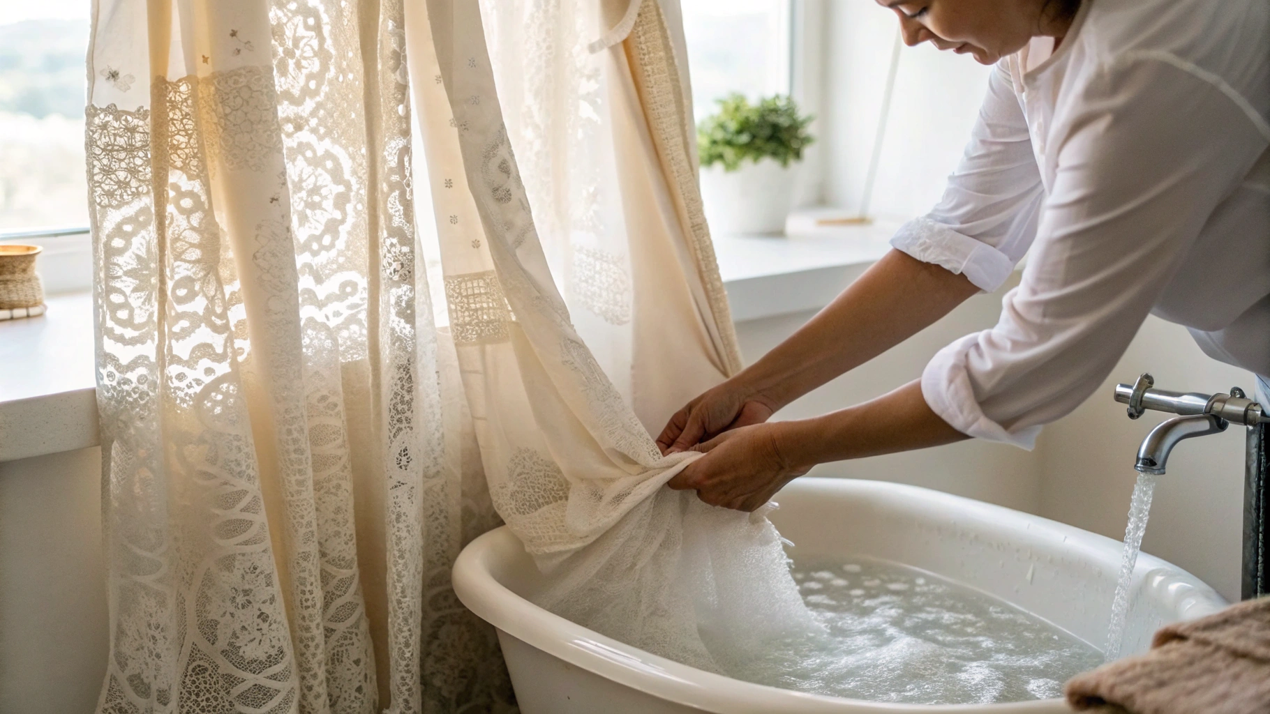 Giặt rèm tay nhẹ nhàng cho vải mỏng