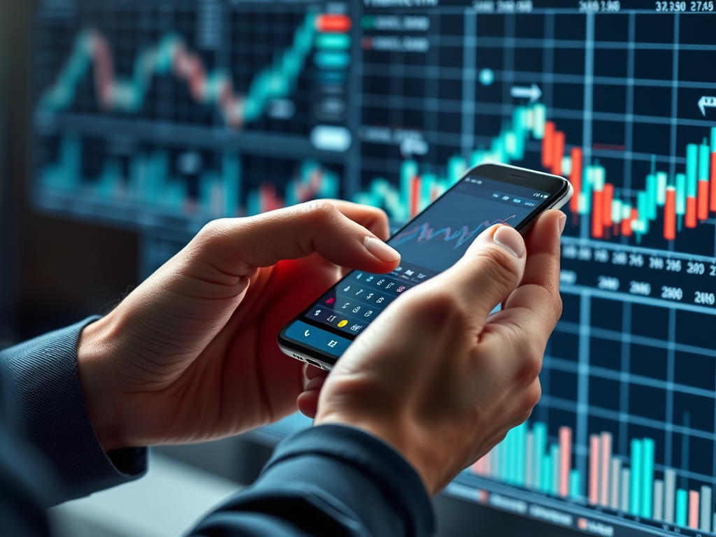 A person meticulously reviewing a smartphone, holding it with one hand and using a stylus or finger to navigate the screen, with charts and data on a holographic display in the background, symbolizing detailed mobile phone reviews and technical analysis.