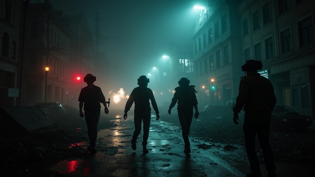 Grupo de amigos equipados con gafas de realidad virtual listos para jugar a un juego VR de zombies en Virtua Barcelona.