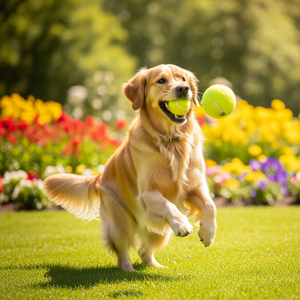 A golden retriever playing in a park
