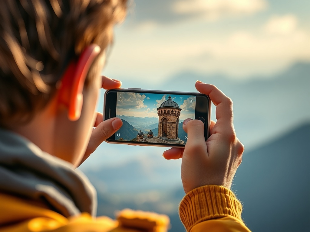 تصویری واقع‌گرایانه و با کیفیت بالا از یک گوشی هوشمند مدرن با لنزهای پیشرفته، در حال ثبت یک صحنه هنری، که نشان‌دهنده تکامل ابزارهای عکاسی موبایل است.