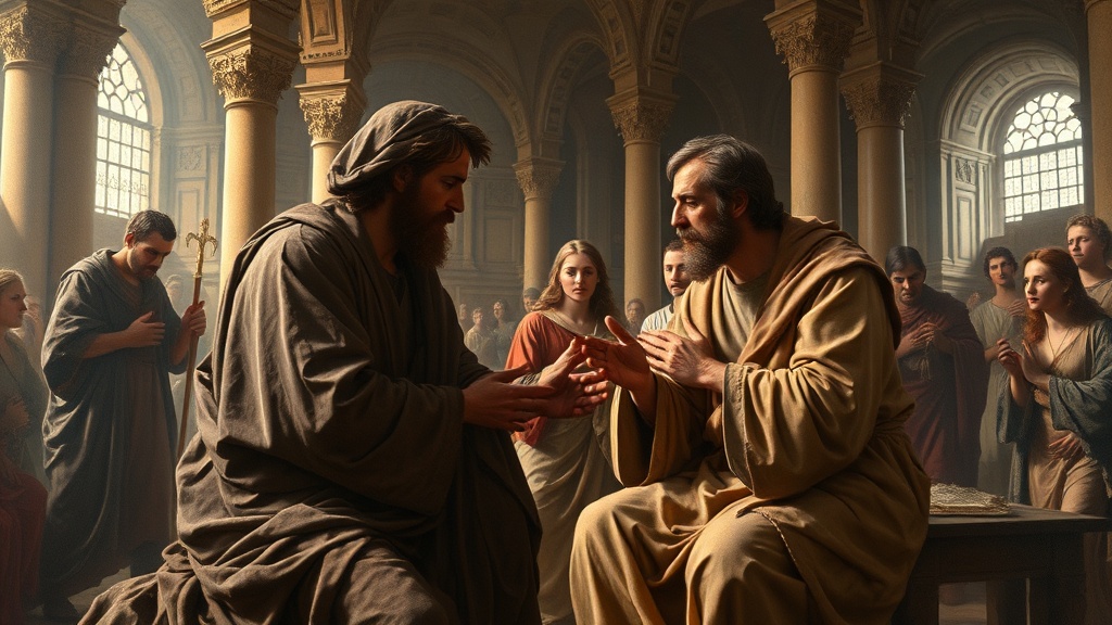 고난과 지혜를 상징적으로 그린 장면입니다.