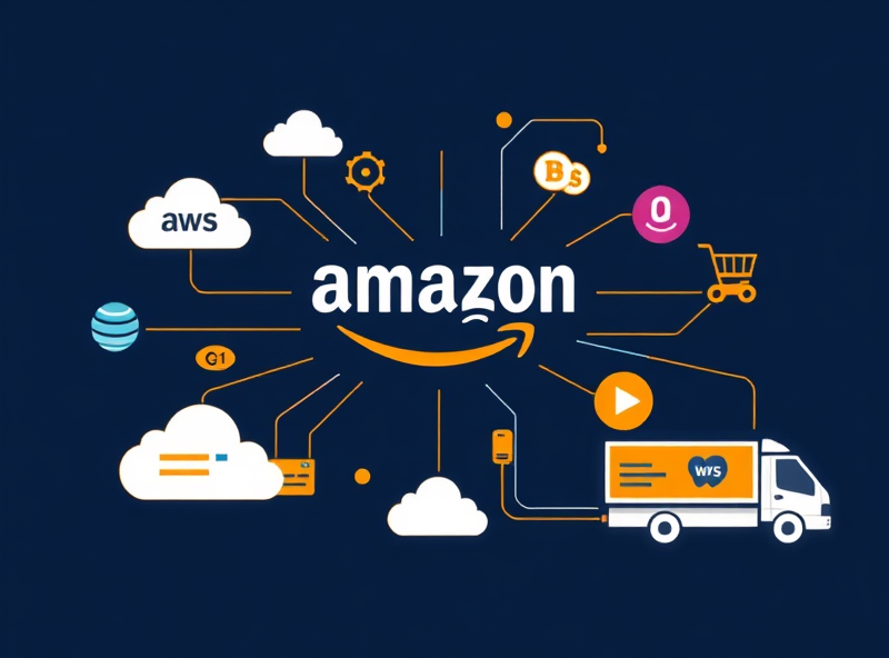 A vibrant, conceptual illustration showing the interconnectedness of Amazon's businesses. Feature a central element representing the Amazon logo or a package, with lines or flows extending outwards to symbols representing cloud computing (AWS), online shopping carts, streaming video icons, and perhaps a delivery truck. The style should be modern and dynamic, using bright colors to convey energy and reach.