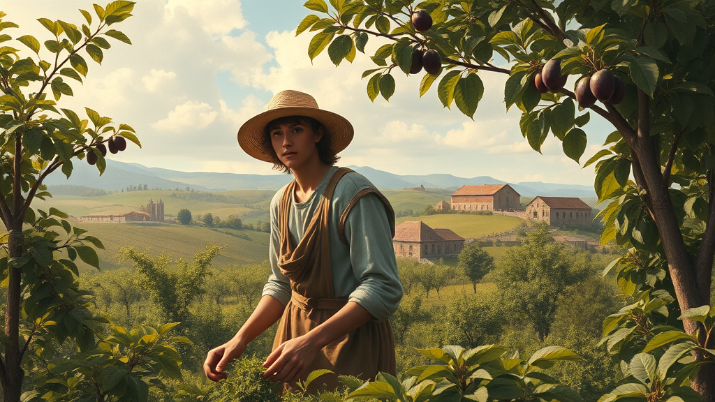 청년 농부들이 과수원을 돌보는 장면