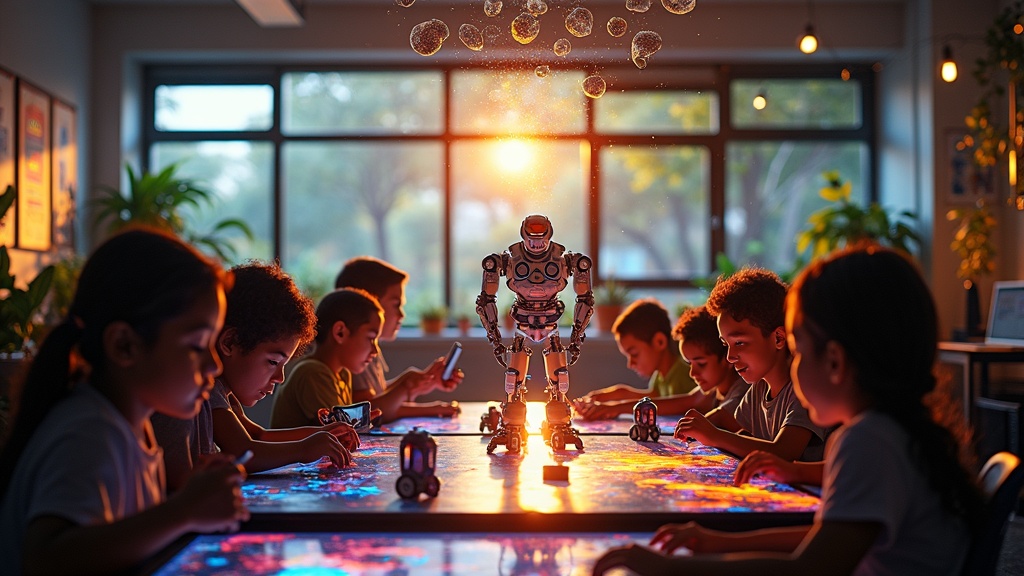 Estudiantes de primaria colaborando en un proyecto de robótica educativa, ilustrando la robótica en la educación española.