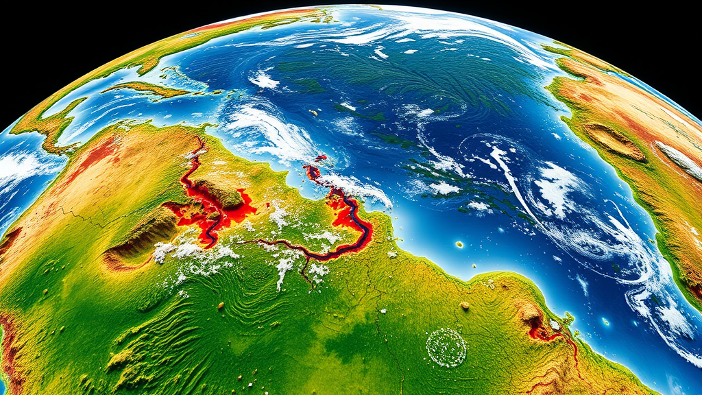 تصویری واقعی و با کیفیت بالا از پوسته زمین با ویژگیهای زمینشناسی مانند خطوط گسل، آتشفشانها و صفحات تکتونیکی در حال جابجایی، که توسط فناوری نقشهبرداری از زمین ماهوارهای پیشرفته رصد میشوند.