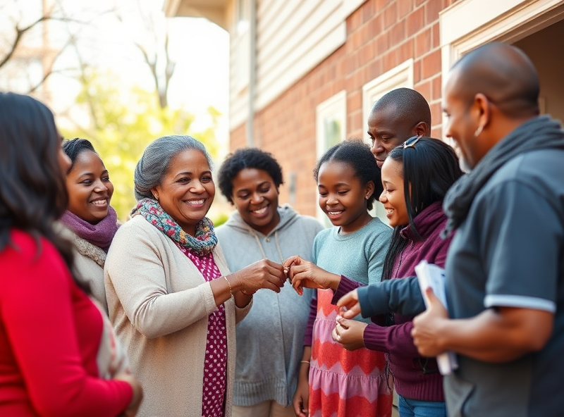 A family of four, including two young children, smiling brightly as they hold keys to their new Section 8 home, embraced by a diverse group of individuals with genuine expressions of joy and support.