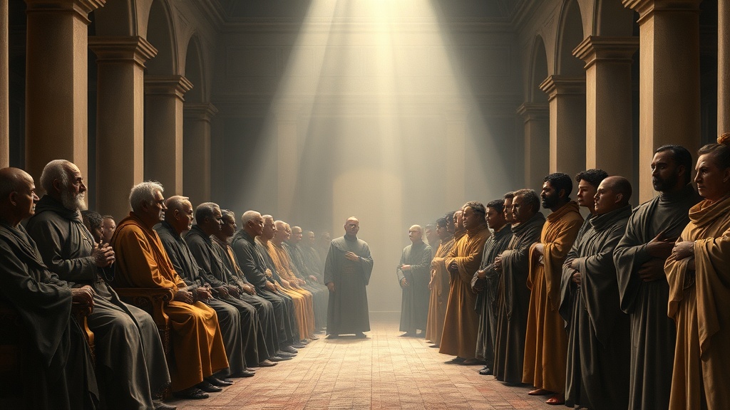 클래식한 홀에서 세대 교체를 묘사한 장면, 선량한 표정의 원로와 새 관리자들이 서로 마주하는 모습