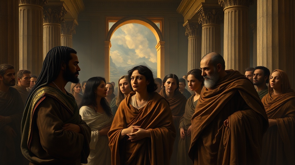 삶과 죽음, 그리고 공직자의 사명을 묘사한 상징적인 장면.