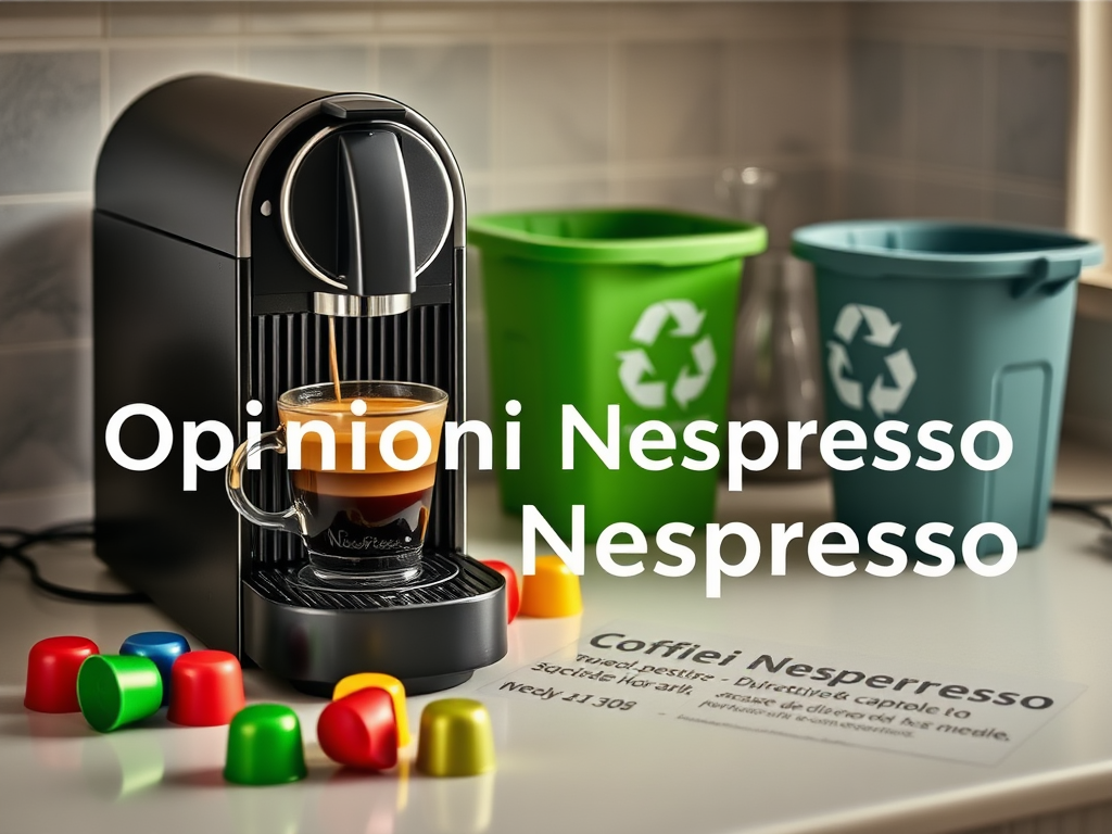 Create a realistic image of a modern Nespresso coffee machine on a kitchen counter, with various colorful coffee capsules arranged nearby, a steaming cup of espresso in the foreground, and a recycling bin for used capsules visible in the background. Include the text "Opinioni Nespresso" subtly integrated into the scene.