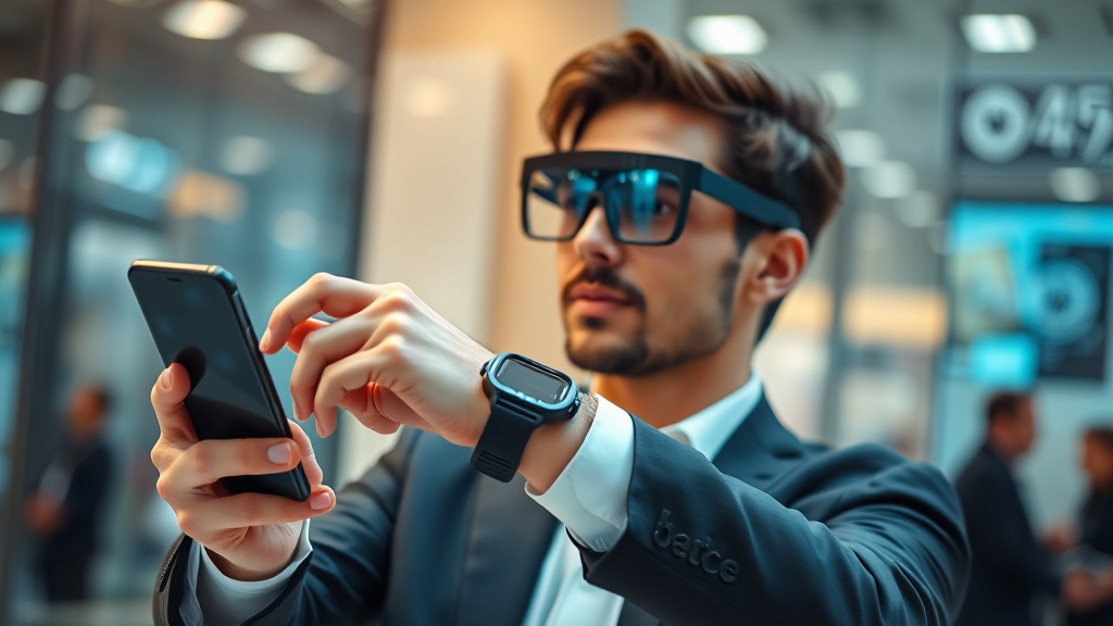 فردی که با دستگاه‌های هوشمند مختلف مانند گوشی هوشمند، ساعت هوشمند و عینک‌های واقعیت افزوده در یک محیط متصل، در حال تعامل است، مرتبط با اخبار تکنولوژی