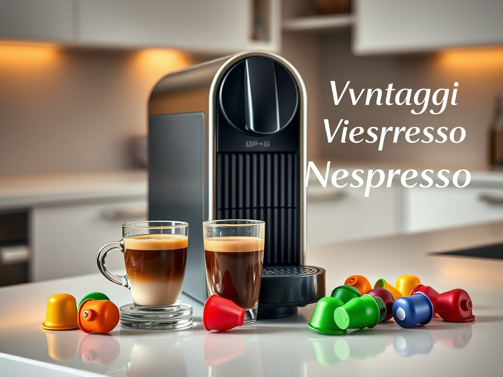 Create a realistic image of a sleek, modern Nespresso machine on a clean kitchen counter, with a freshly brewed espresso in a transparent glass cup beside it, showcasing the perfect crema. A variety of colorful Nespresso capsules are artfully arranged nearby, emphasizing the range of flavors available. The background suggests an elegant, minimalist kitchen setting with soft, warm lighting. Include the text "Vantaggi Nespresso" in a stylish font in the upper corner of the image.