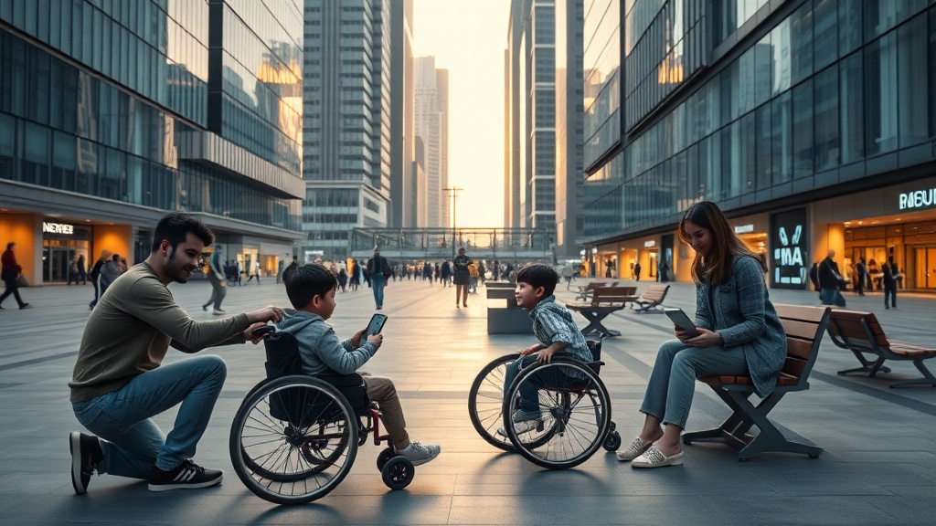 현대 도시 공간에서 가족과 돌봄이 어우러진 장면