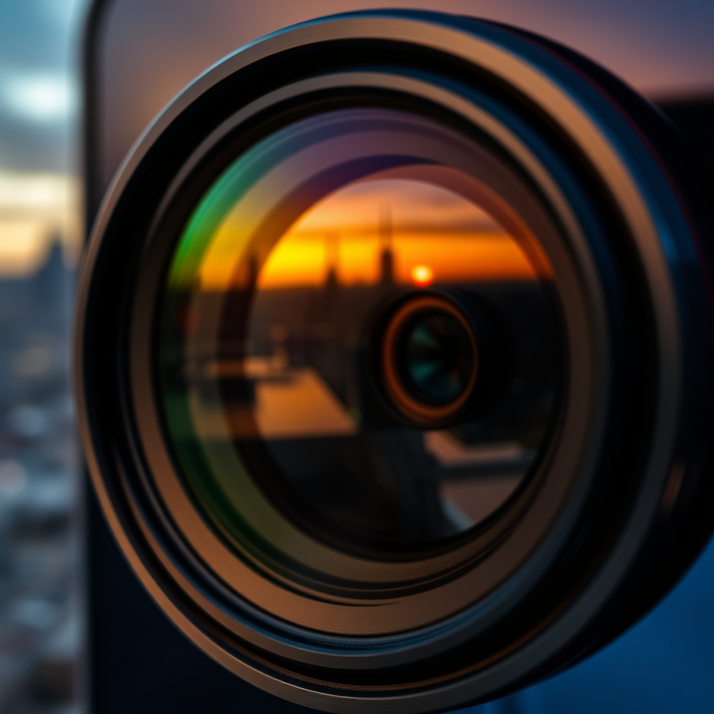 تصویر نزدیک از لنز دوربین گوشی هوشمند مدرن با جزئیات دقیق، نشان‌دهنده فناوری پیشرفته عکاسی موبایلی و پس‌زمینه محو شده از خط افق شهر در غروب آفتاب. این تصویر دقت و قابلیت‌های فناوری بالا را برای اخبار گوشی هوشمند و نوآوری‌های عکاسی موبایلی منتقل می‌کند.