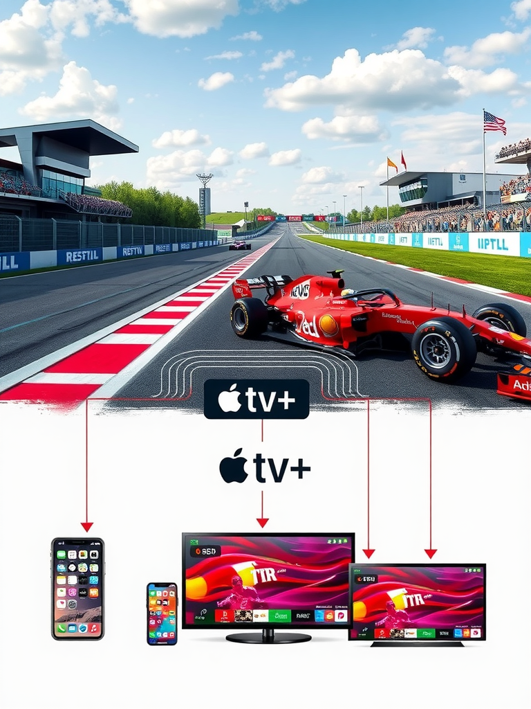 نمایش جریان داده پخش زنده فرمول ۱ به دستگاه‌های استریم مختلف با لوگوی Apple TV+