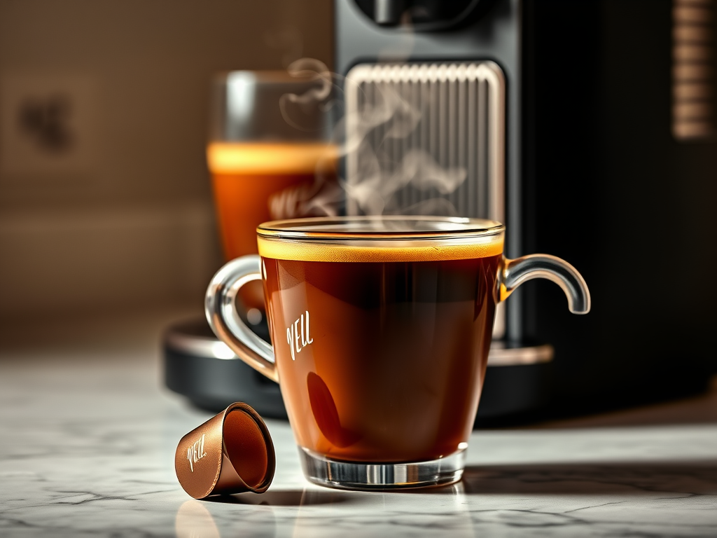 Create a realistic image of a steaming cup of espresso on a marble countertop, with a Nespresso machine in the background. The coffee should have a rich, dark color with a perfect crema layer on top. A used Nespresso capsule sits nearby, showcasing the brand's signature design. Soft, warm lighting highlights the luxurious quality of the coffee and machine.