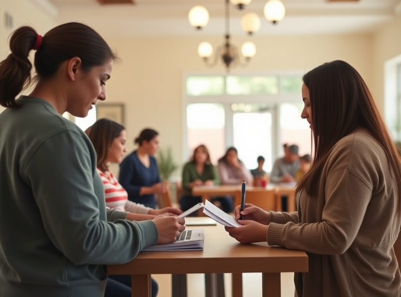 A group of volunteers smiling warmly as they guide undocumented immigrants through tax paperwork, embodying the compassionate and supportive spirit of community assistance.