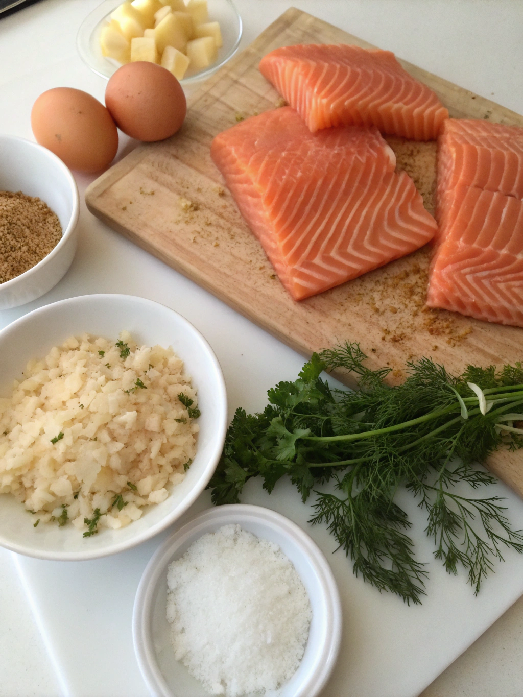 Salmon patty ingredients neatly arranged on a kitchen counter