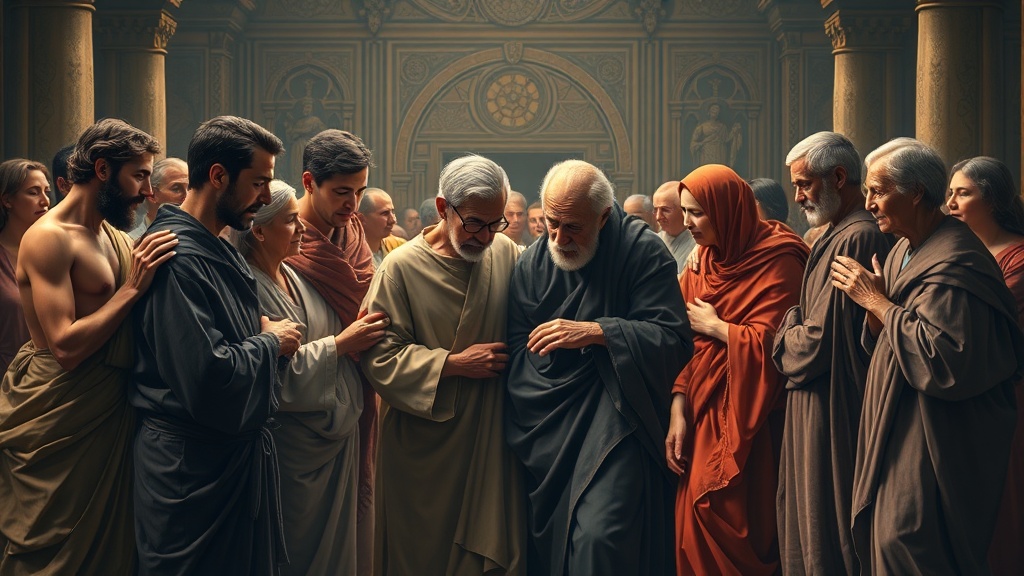 사회적 책임과 공동체 돌봄을 상징하는 종교적 장면