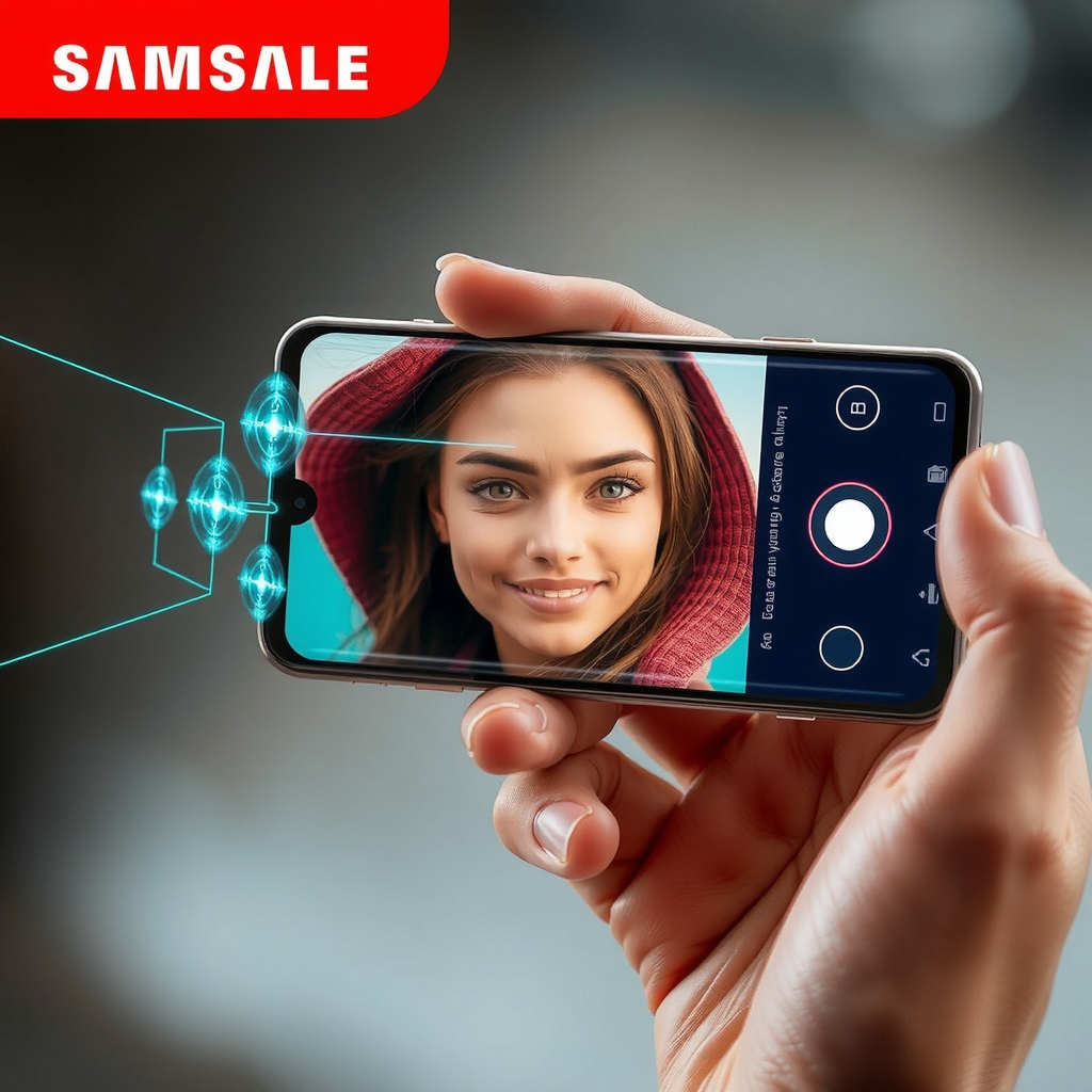 تصویری واقعی و با کیفیت بالا که قابلیت‌های هوش مصنوعی دوربین سامسونگ گلکسی S25 اج را به نمایش می‌گذارد. صفحه نمایش گوشی تصویری را نشان می‌دهد که توسط هوش مصنوعی در حال بهبود است، با جلوه‌های بصری ظریف مانند خطوط نورانی که نشان‌دهنده پردازش هوش مصنوعی هستند. عکس روی صفحه نمایش باید یک پرتره یا منظره پر جنب و جوش و با جزئیات باشد تا برجستگی بهبود را نشان دهد.