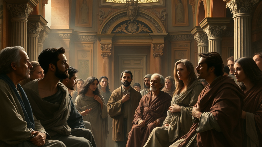 신앙과 경제적 불확실성을 비유적으로 묘사한 장면