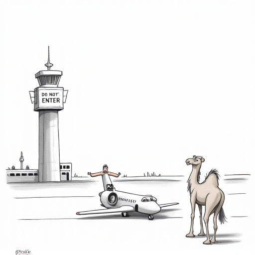 Qatar Closes Airspace Amid US and UK Advisories single-panel cartoon