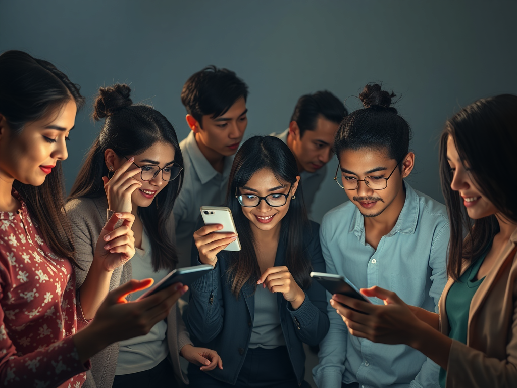 تصویری واقعی و با کیفیت بالا از گروهی متنوع از افراد که با رابط کاربری رسانههای اجتماعی در دستگاههای مختلف (تلفنهای هوشمند، تبلتها، لپتاپها) در تعامل هستند، با لایههای دیجیتالی کمرنگ و تقریباً نامحسوس که وجود محتوای دستکاریشده را نشان میدهد. لحن کلی باید کمی نگرانکننده باشد و خطرات پنهان دیپفیک در پلتفرمهای اجتماعی را برجسته کند.