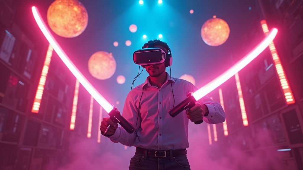 Jugador con katanas virtuales disfrutando de Fruit Ninja VR en Barcelona