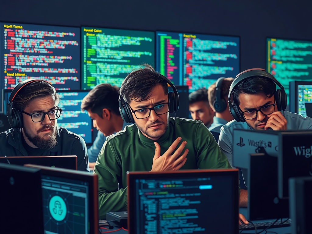 گروهی از توسعه‌دهندگان بازی در میان کدها و صفحه‌نمایش‌ها، نمادی از تعدیل نیرو و چالش‌ها در صنعت بازی، واقعی و باکیفیت