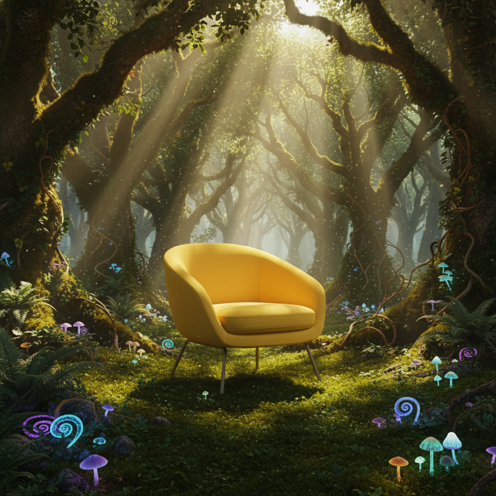 Place the yellow armchair from the image into the center of an enchanted, magical forest. The lighting should be dramatic, with sunbeams filtering through the trees. The ground should be covered in moss and small, faintly glowing mushrooms. The style should be fantasy and hyper-realistic.