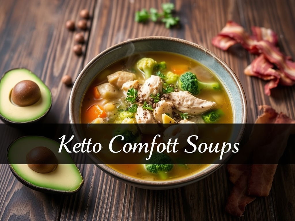 Create a realistic image of a steaming bowl of keto-friendly soup on a rustic wooden table, featuring chunks of chicken, colorful low-carb vegetables like broccoli and cauliflower, and a sprinkle of herbs on top, with a few whole ingredients like avocado and bacon strips artfully arranged beside the bowl, and a text overlay saying "Keto Comfort Soups" in an elegant font.