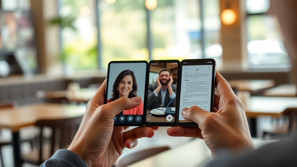 A person using a foldable smartphone in a cafe, showing advanced smartphone news and multitasking capabilities