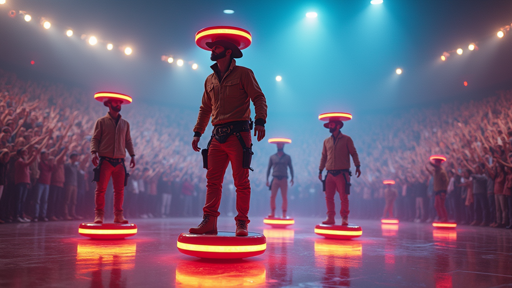 A group of athletes in futuristic cowboy attire, riding hoverboards while juggling plates balanced on their heads, all surrounded by a glowing neon arena filled with cheering fans.