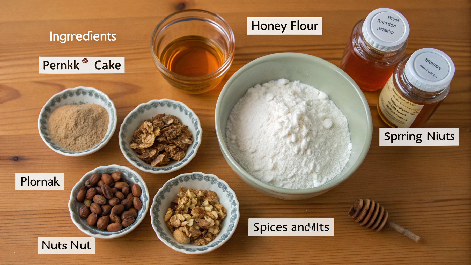 Piernik ingredients arranged on wooden table