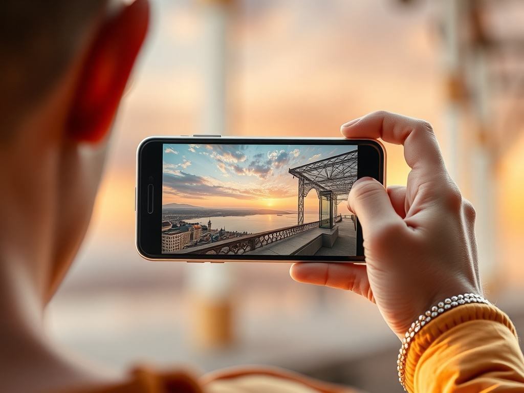 تصویری واقع‌گرایانه و با کیفیت بالا از فردی که با گوشی هوشمند خود یک عکس هنری خیره‌کننده از یک منظره زیبا یا جزئیات معماری منحصر به فرد می‌گیرد که پتانسیل بالای عکاسی موبایل را نشان می‌دهد.