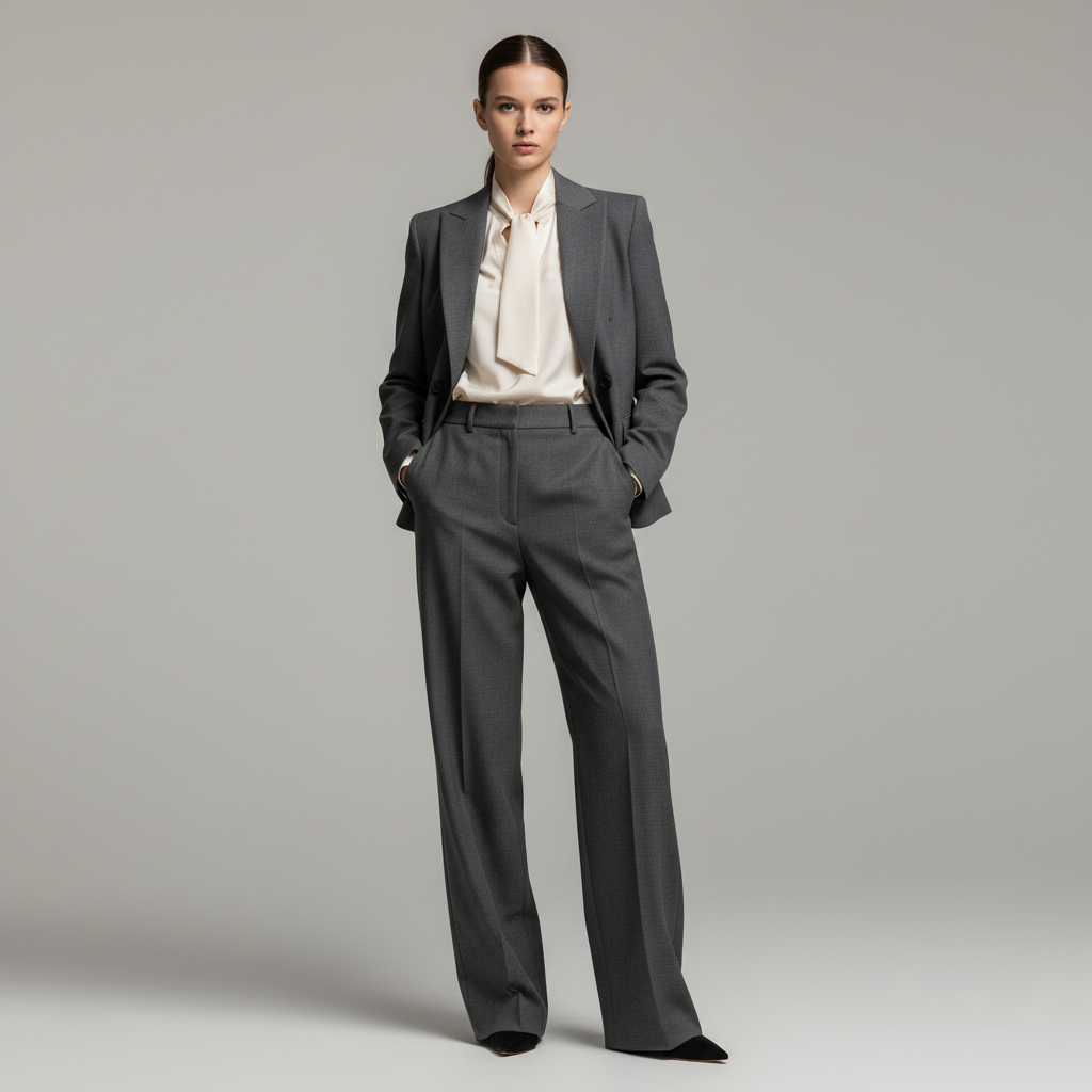 A studio shot of a woman wearing a modern business suit against a plain background.