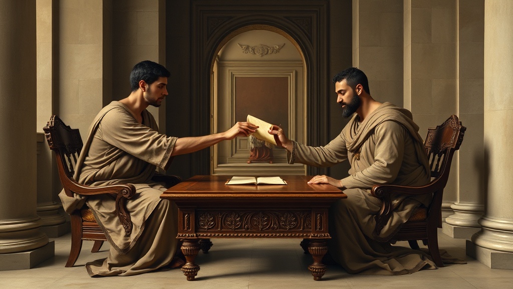 두 사절이 나란히 앉아 평온하게 손을 잡고 문서를 건네는 장면, 배경에 다리와 강이 보이는 고요한 실내 풍경