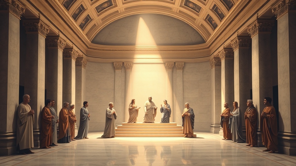 대리적 종교적 장면, 마블 홀에서 진지하게 대화하는 인물 무리