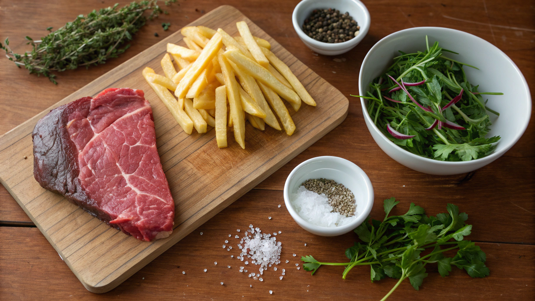 Ingredients for steak frites laid out on wooden cutting board