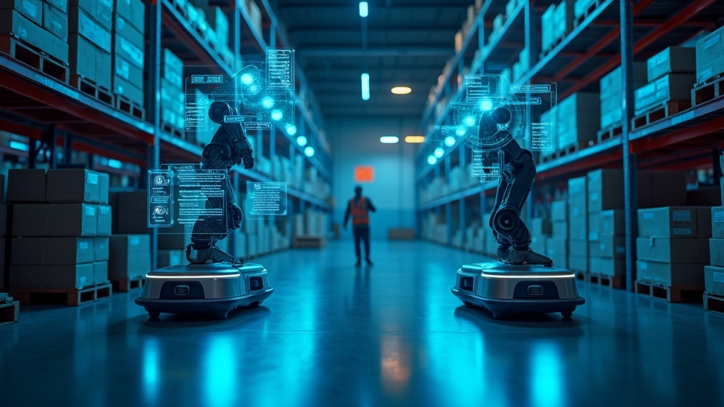Ilustración conceptual de los robots inteligentes TrebezIA colaborando en un almacén logístico avanzado.