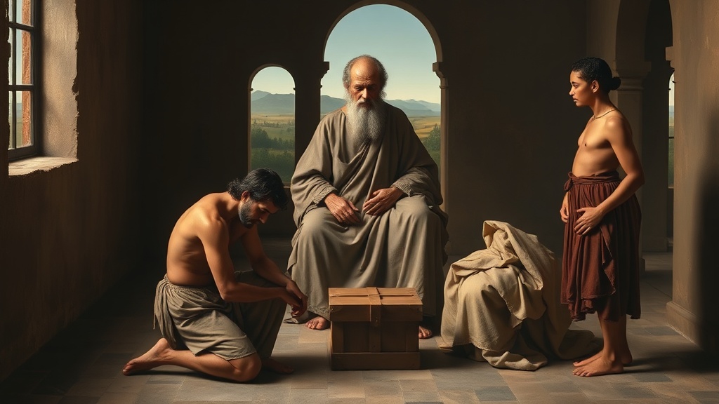 장인의 손과 장면을 통해 신뢰와 회복을 상징적으로 표현한 르네상스 스타일 그림