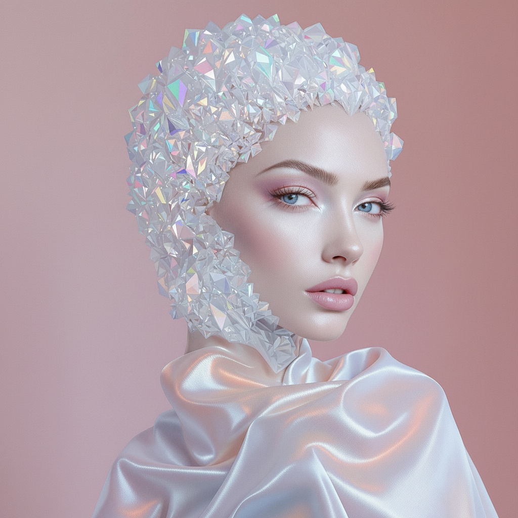 A young woman named Carolyn October wearing a white satin outfit, posed in a studio with a soft pink background and decorative headpiece.