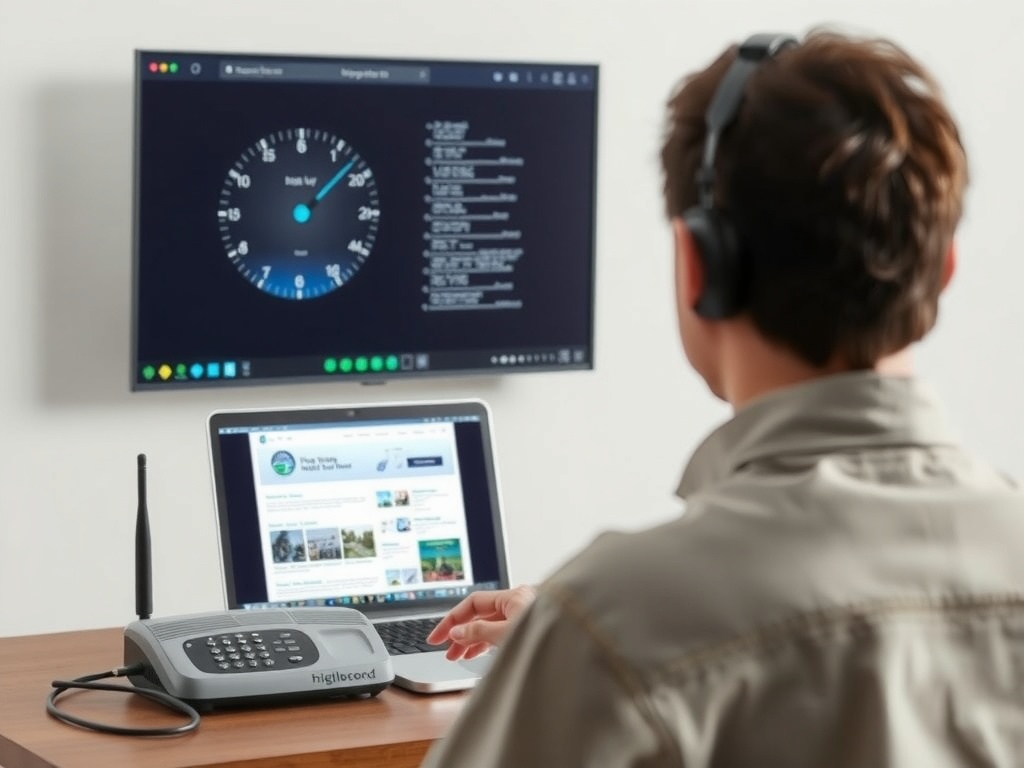 فردی که به یک تنظیمات اینترنت پرسرعت مدرن (روتر، لپتاپ با صفحات بارگذاری سریع) نگاه میکند در تضاد با تصویری کوچک و محو از یک مودم دایلآپ قدیمی، نمادی از انتقال از دایلآپ به پهنای باند.