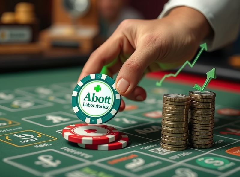 A hand placing a bet (represented by a chip with the Abbott Laboratories logo) on a table where healthcare-related icons are displayed. The chip is glowing with a green light, indicating a solid bet, and a representation of a growing investment portfolio with money symbols is visible nearby. Represent healthcare stability and a solid investment bet. Trustworthy and secure feeling.