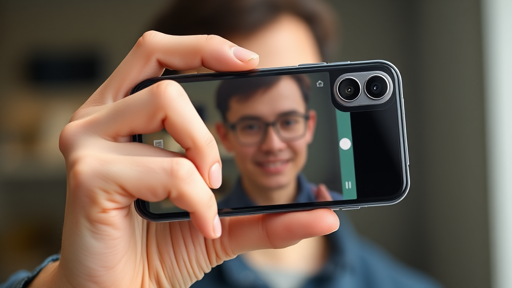 A person holding a modern smartphone with a prominent camera module, taking a high-quality photo or video for smartphone news and reviews