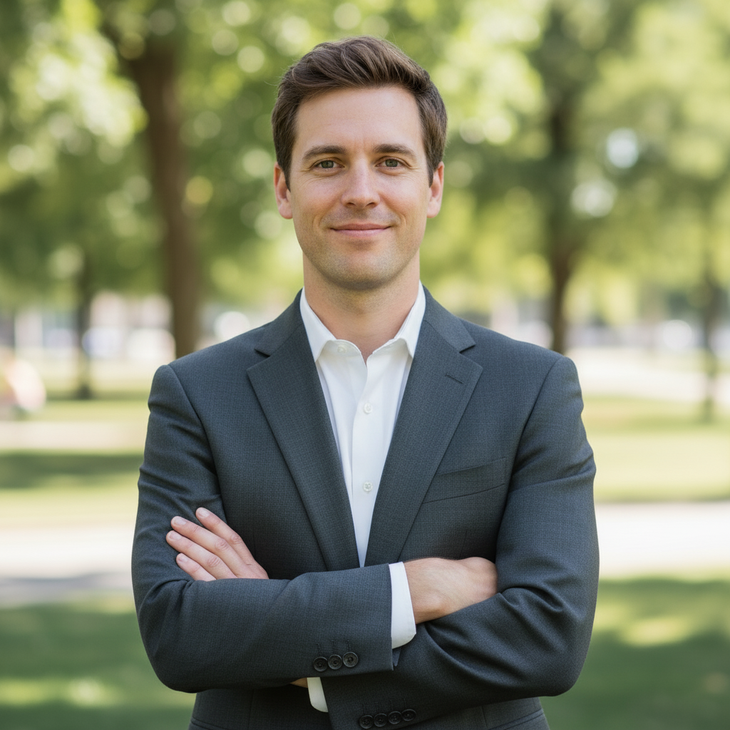 Using the provided image, change the man's blue t-shirt into a tailored, dark grey business suit with a crisp white shirt. Keep his face, expression, and the background exactly the same.