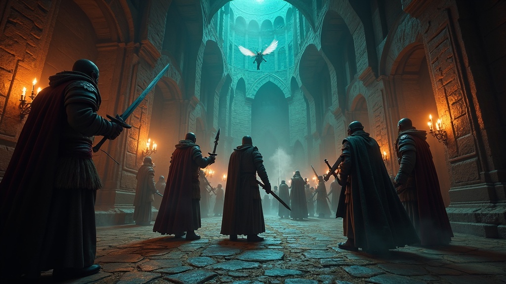 Un grupo de aventureros observa un mapa de mazmorra en Demeo Battlemarked VR