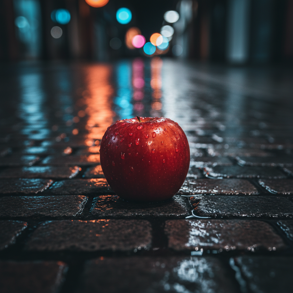 Photorealistic close-up shot of a single, perfect red apple sitting on a wet cobblestone street at night.