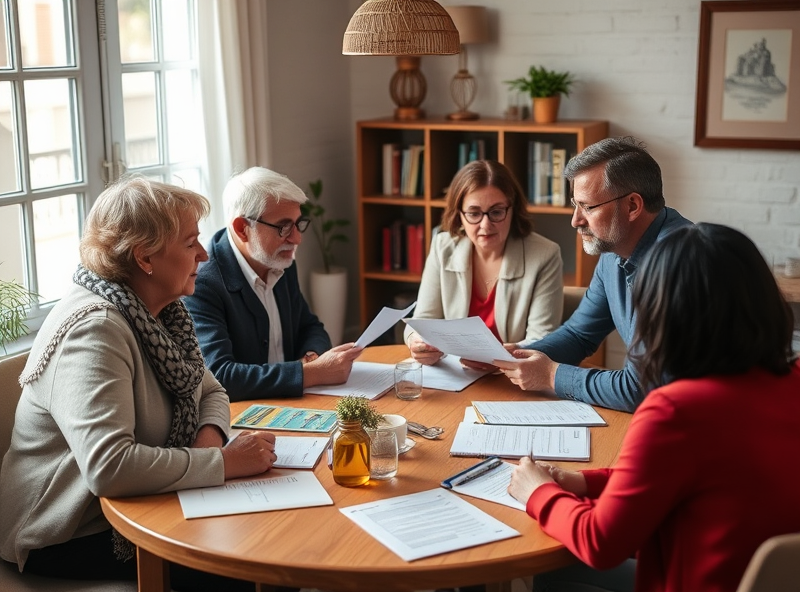 A group of housing advocates sitting around a table, reviewing reports and extending compassion to individuals facing challenges with income limits.